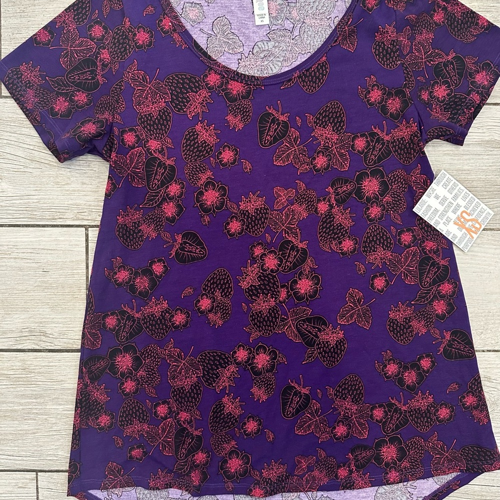 LuLaRoe Purple Short Sleeve Top with Pink Strawberry Floral Print